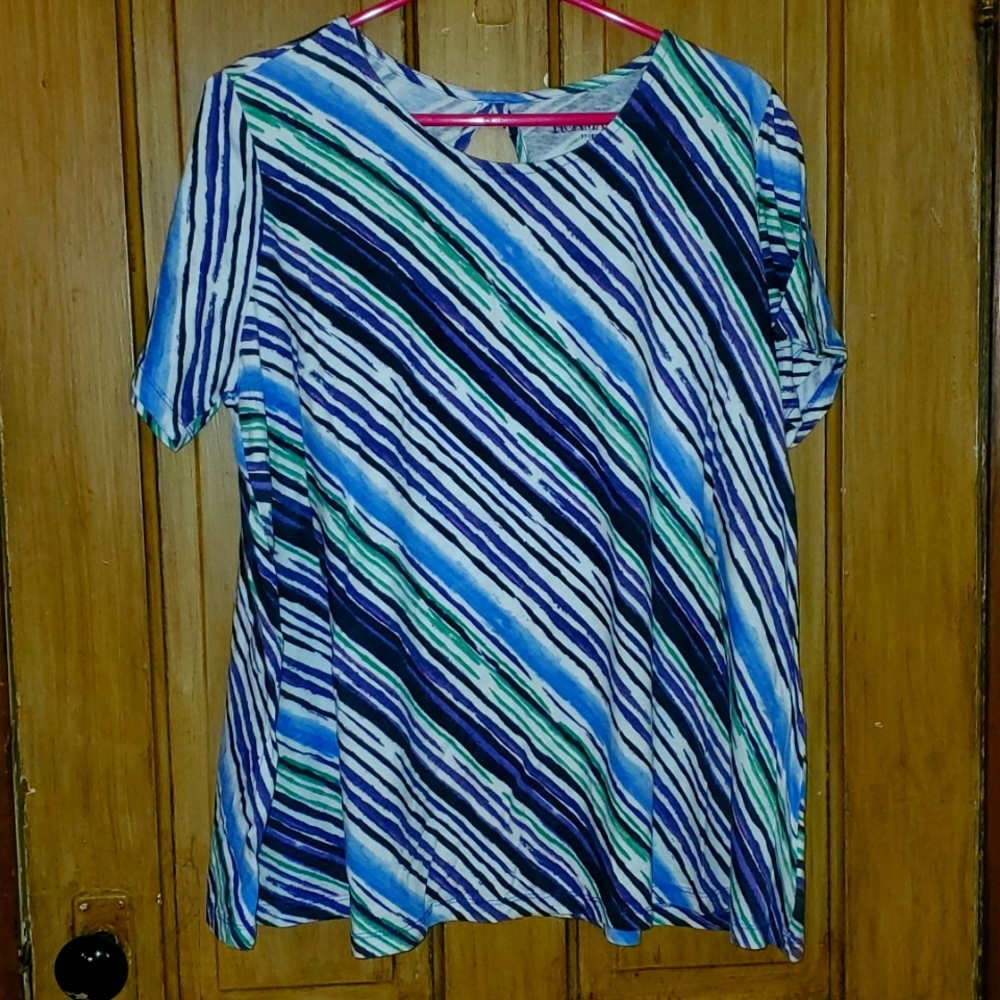 Roaman's  Strip Pattern Tee with Key Hole Back Large